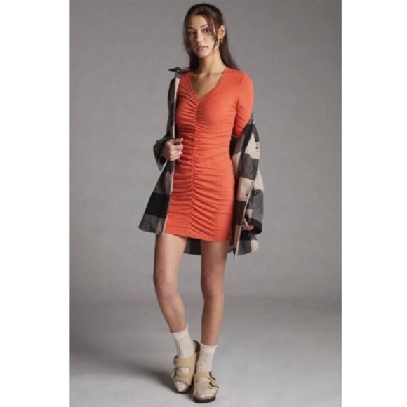 Anthropologie NWT New Sundry Ruched  V Neck Long Sleeve Dress 2 Medium RARE HTF - Picture 2 of 8